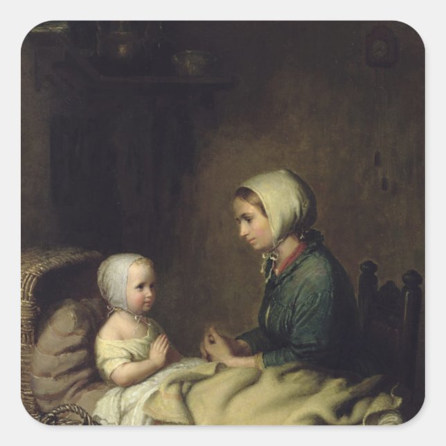 Pegatina Cuadrada Niña pequeña dice sus oraciones en cama (Anverso)