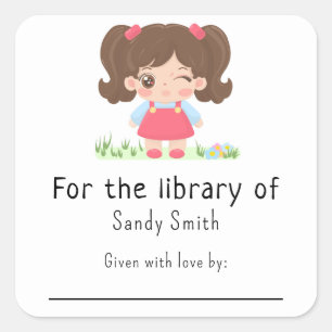 Pegatina Cuadrada Niña pequeña - Por la biblioteca de