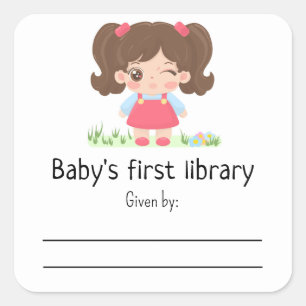 Pegatina Cuadrada Niña pequeña - Primera biblioteca del bebé