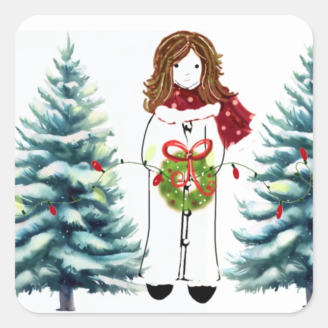 Pegatina Cuadrada Niña preparándose para Navidad (Anverso)