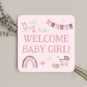 Pegatina Cuadrada Niña Rosa Bebé Cigüeña Adorable Acuarela