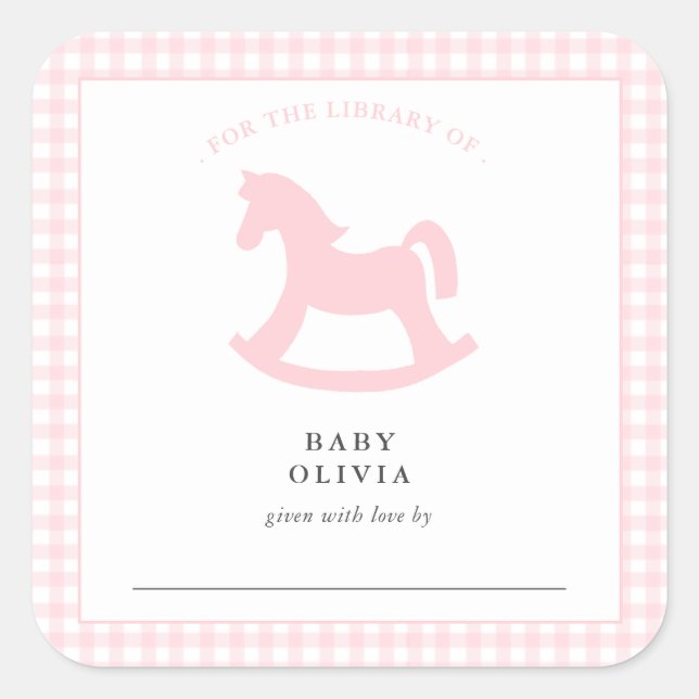 Pegatina Cuadrada Niña rosa de Gingham para la biblioteca (Anverso)