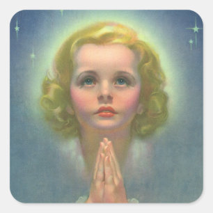 Pegatina Cuadrada Niña rubia angelical con halo y estrellas rezando
