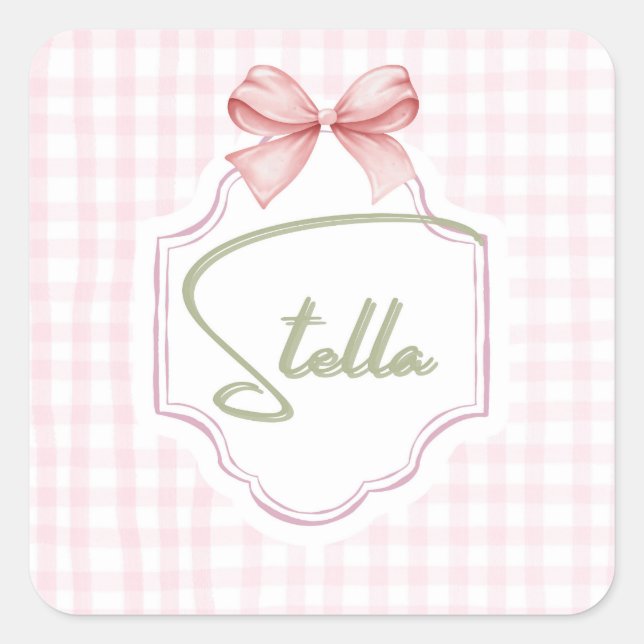 Pegatina Cuadrada Niña Stella Bow&Gingham personalizada (Anverso)