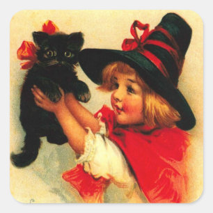 Pegatina Cuadrada Niña y su gato negro