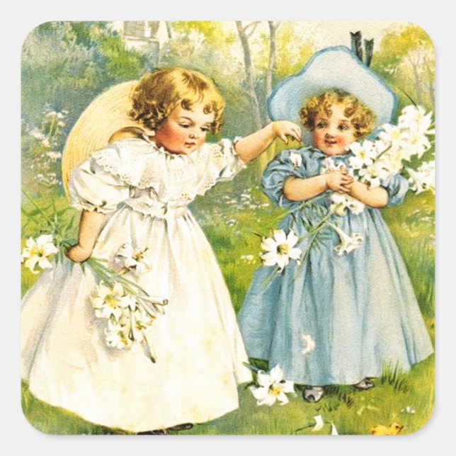 Pegatina Cuadrada Niñas viejas con chicles. Pascua (Anverso)