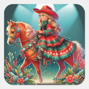 Pegatina Cuadrada Niñita Con Navidades Vestidos En Caballo