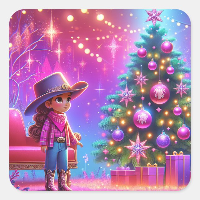 Pegatina Cuadrada Niñita Parada Frente A Navidades De Árbol (Anverso)