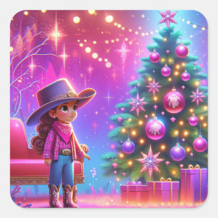 Pegatina Cuadrada Niñita Parada Frente A Navidades De Árbol
