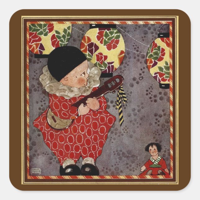 Pegatina Cuadrada Niño Antiguo Arlequín, Músico Tocando Banjo (Anverso)