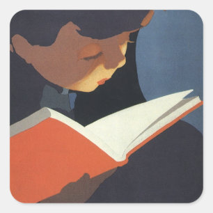 Pegatina Cuadrada Niño Antiguo Leyendo un Libro de la Biblioteca