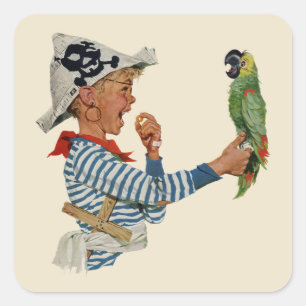 Pegatina Cuadrada Niño Antiguo, Niño Jugando con Loro Pirata