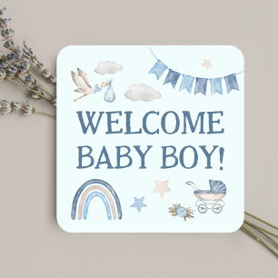 Pegatina Cuadrada Niño Azul Bienvenida Bebé Cigüeña Adorable Acuarel