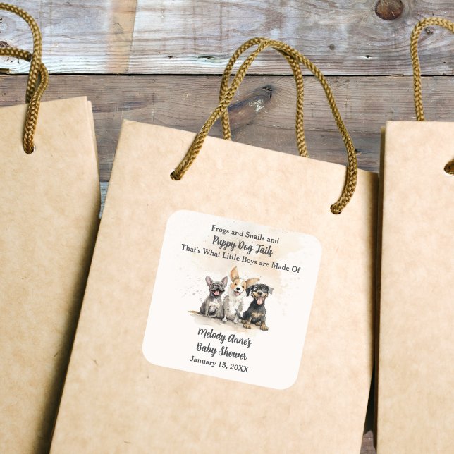 Pegatina Cuadrada Niño cachorro perro grita Baby Shower (Baby Boy Puppy Dog Tails Baby Shower Sticker with Watercolor Puppies, Mom's Name, Shower Date.)