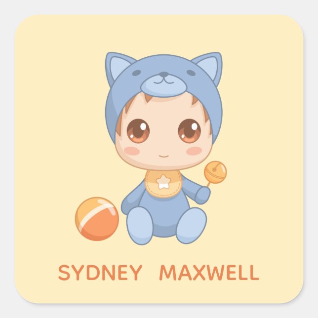 Pegatina Cuadrada Niño Chica Gato Jumpsuit Nombre Personalizado Amar (Anverso)