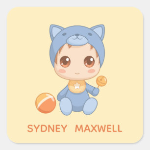 Pegatina Cuadrada Niño Chica Gato Jumpsuit Nombre Personalizado Amar