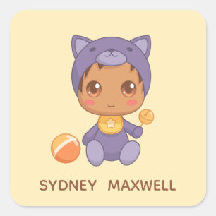 Pegatina Cuadrada Niño Chica Gato púrpura Nombre personalizado Amari