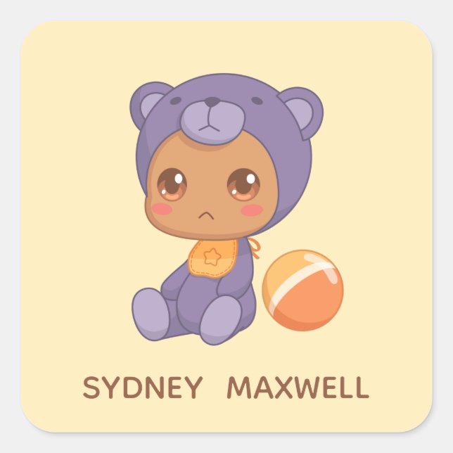 Pegatina Cuadrada Niño Chica Jumpsuit Purple Bear Nombre Personaliza (Anverso)