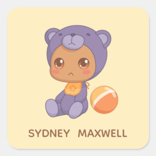 Pegatina Cuadrada Niño Chica Jumpsuit Purple Bear Nombre Personaliza