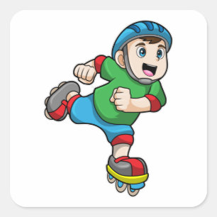 Pegatina Cuadrada Niño como patinador con patines y casco