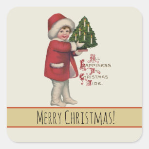 Pegatina Cuadrada Niño con árbol de Navidad Arte de ilustración vint