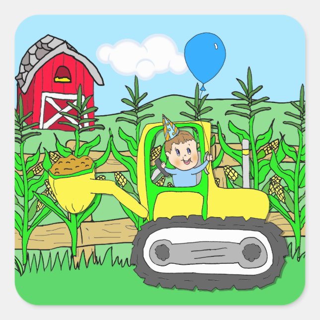 Pegatina Cuadrada Niño de cumpleaños con globo en el tractor (Anverso)
