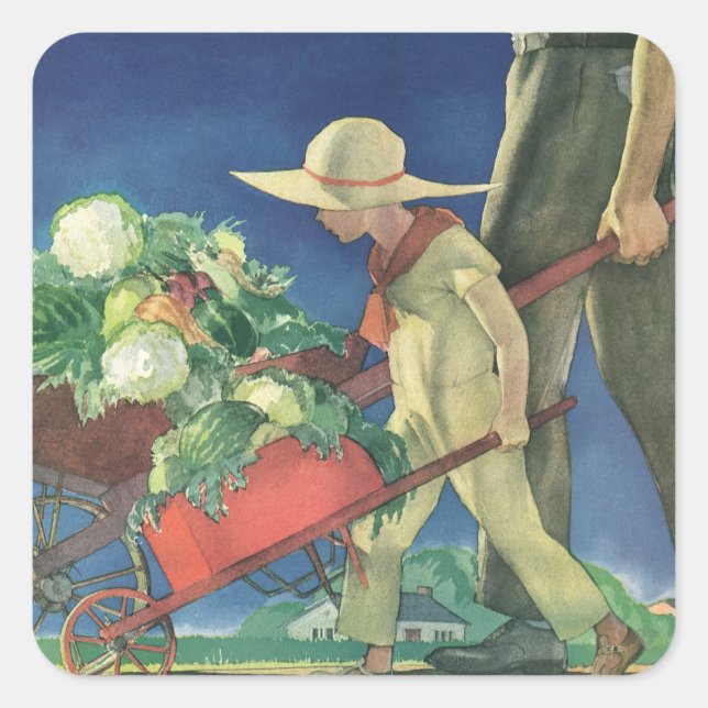 Pegatina Cuadrada Niño de época, jardín orgánico; Jardín de la Victo (Anverso)