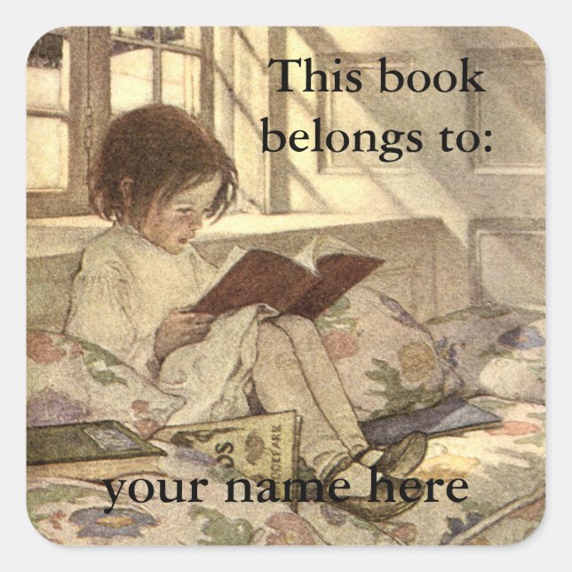 Pegatina Cuadrada Niño de época leyendo un libro (Anverso)