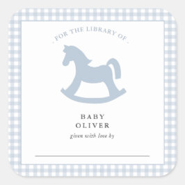 Pegatina Cuadrada Niño de Gingham azul Bookplate