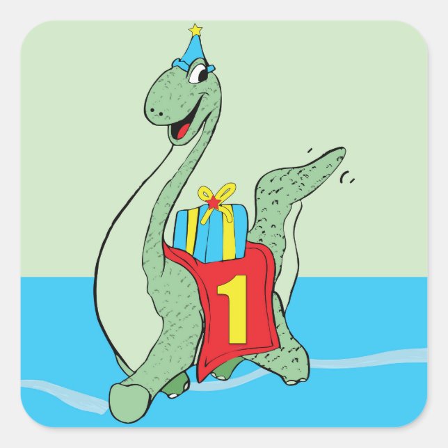 Pegatina Cuadrada Niño, Dinosaurio de cumpleaños (Anverso)