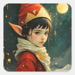 Pegatina Cuadrada Niño Elfo con Ropa de Navidad Vintage