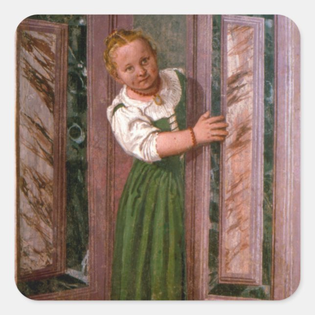 Pegatina Cuadrada Niño en la puerta, de la Sala a Crociera, c.156 (Anverso)