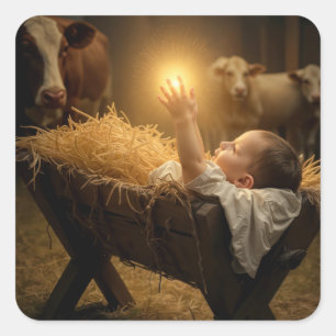 Pegatina Cuadrada Niño Jesús de Navidad en un Pesebre