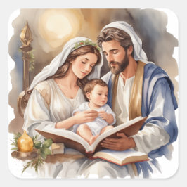 Pegatina Cuadrada Niño Jesús recién nacido con María y José
