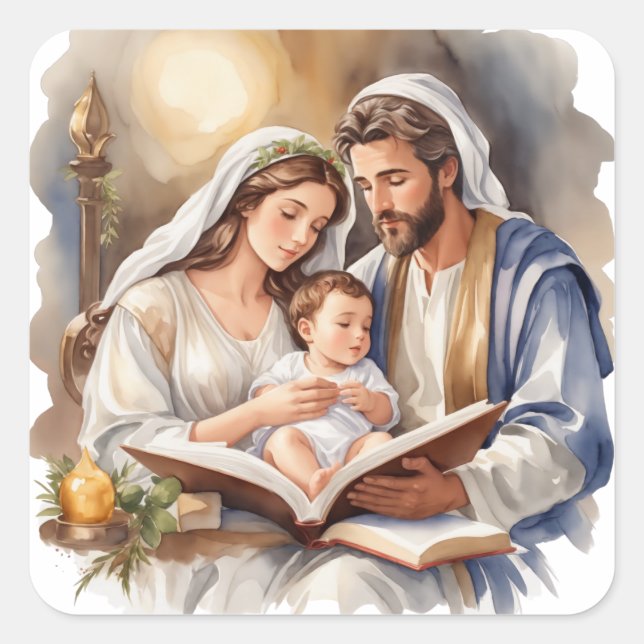Pegatina Cuadrada Niño Jesús recién nacido con María y José (Anverso)