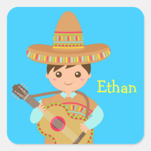 Pegatina Cuadrada Niño lindo sombrero mexicano guitarra fiesta
