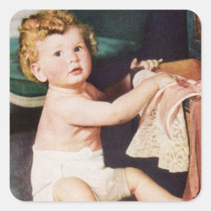 Pegatina Cuadrada Niño pequeño de color vintage que juega con vestid