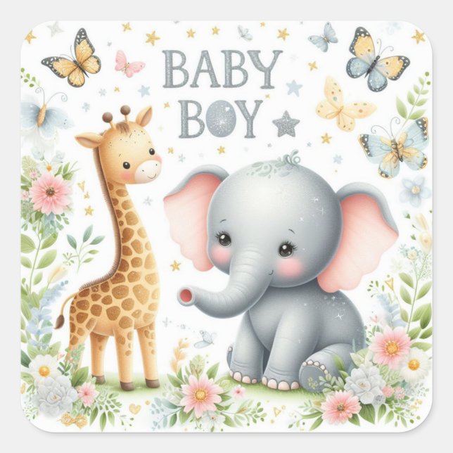 Pegatina Cuadrada Niño pequeño elefante y jirafa con flores (Anverso)