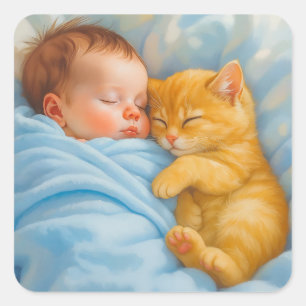 Pegatina Cuadrada Niño recién nacido dando cabezadas con gatito