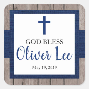 Pegatina Cuadrada Niño Rústico Bautismo Dios bendiga al favor
