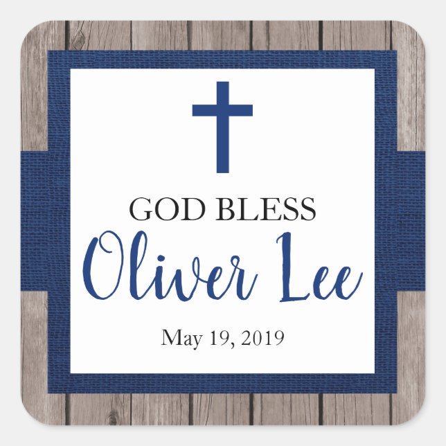 Pegatina Cuadrada Niño Rústico Bautismo Dios bendiga al favor (Anverso)
