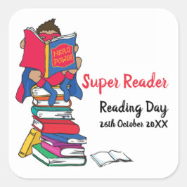 Pegatina Cuadrada Niño superlector en día de lectura de libros