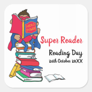 Pegatina Cuadrada Niño superlector en día de lectura de libros