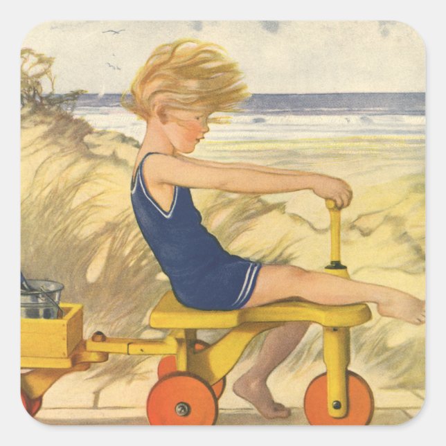 Pegatina Cuadrada Niño ventilado jugando en la playa con juguetes de (Anverso)