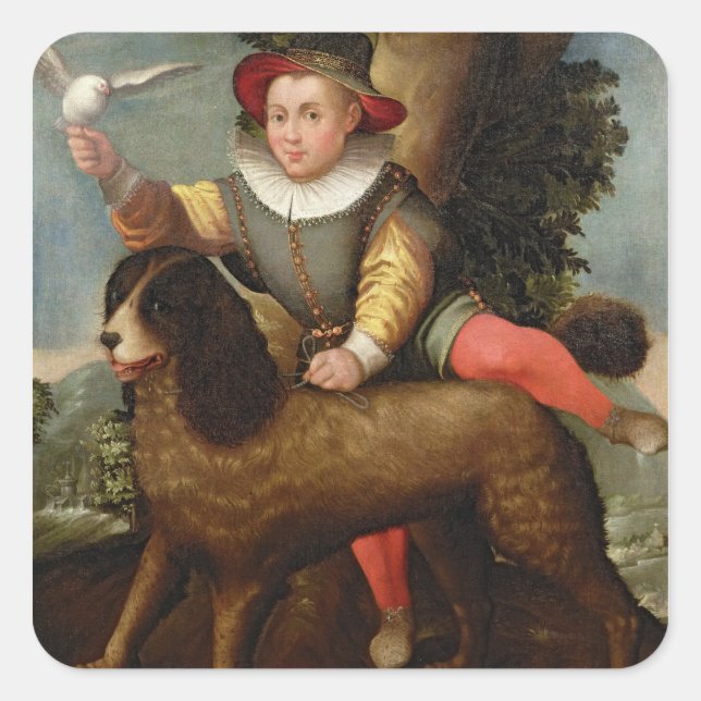 Pegatina Cuadrada Niño y perro, "Bibius Vincit" (Anverso)