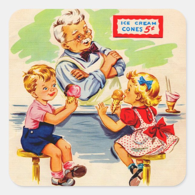 Pegatina Cuadrada niños adorables en la fuente de refrescos (Anverso)