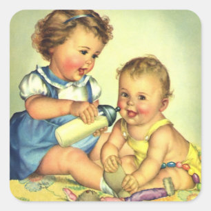 Pegatina Cuadrada Niños Antiguos, Adorables Bebés Felices Sonríen co