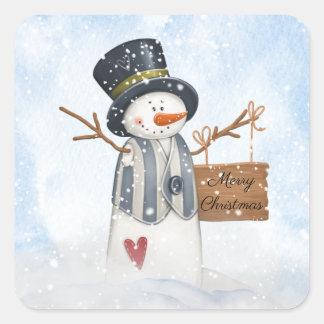 Pegatina Cuadrada Niños cutáneos de Snowman acuardan Navidades de in