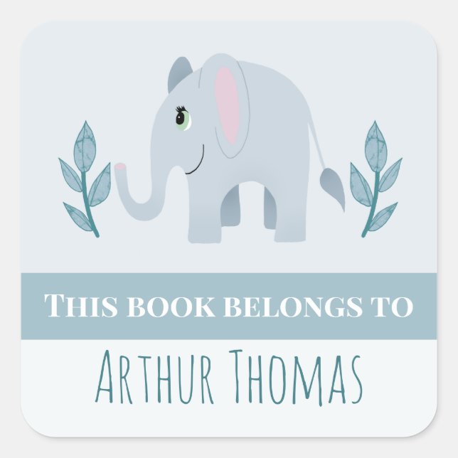 Pegatina Cuadrada Niños Cute Blue Safari Elephant Kids Bookplate (Anverso)