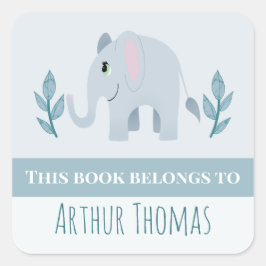 Pegatina Cuadrada Niños Cute Blue Safari Elephant Kids Bookplate